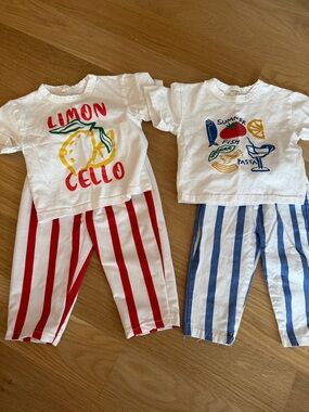 Kids Lemon Graphic Tee with Red Striped Pants Set